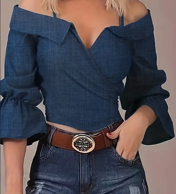 Solid Spaghetti Blouse,Casual Bell Sleeve Neck Blouse, Women's Clothing