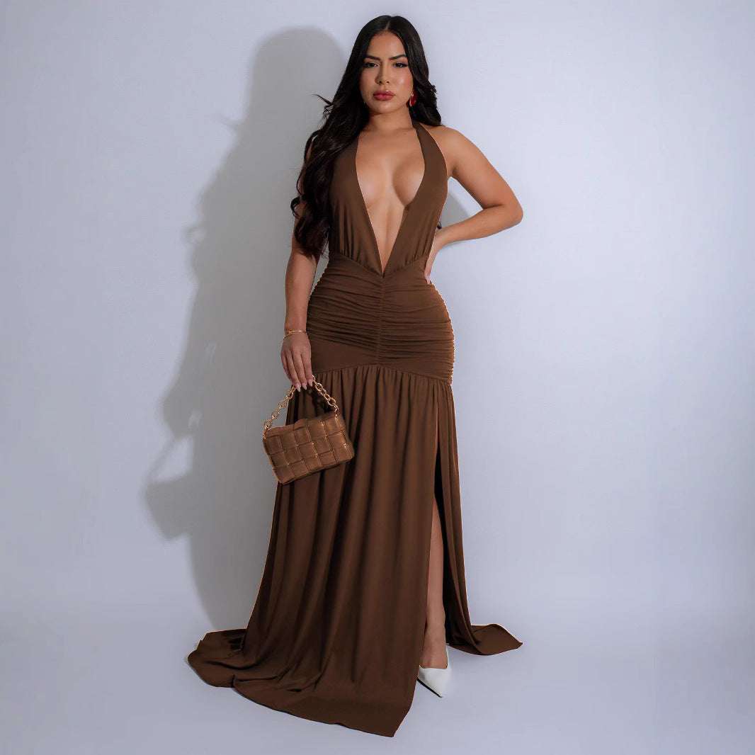 European And American Elegant Halter V-neck Dress Sexy Backless Dress