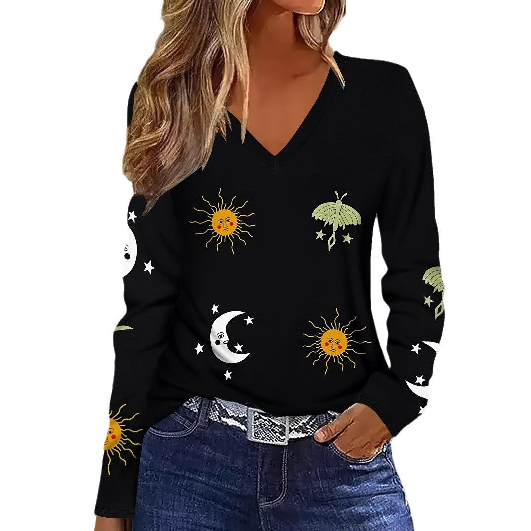 Sun Moon Star Butterfly Graphic Breathable Printed V-neck Long Sleeve T-shirt