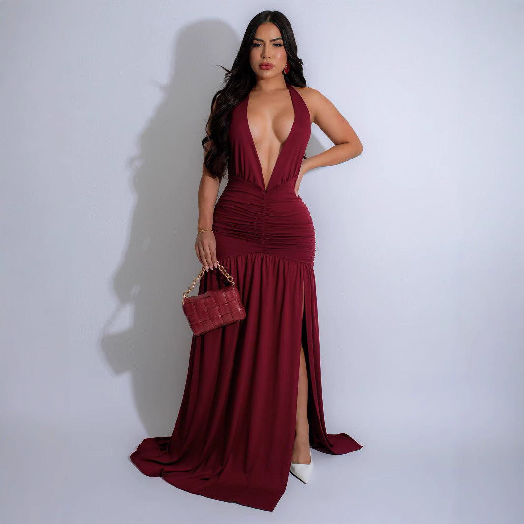 European And American Elegant Halter V-neck Dress Sexy Backless Dress