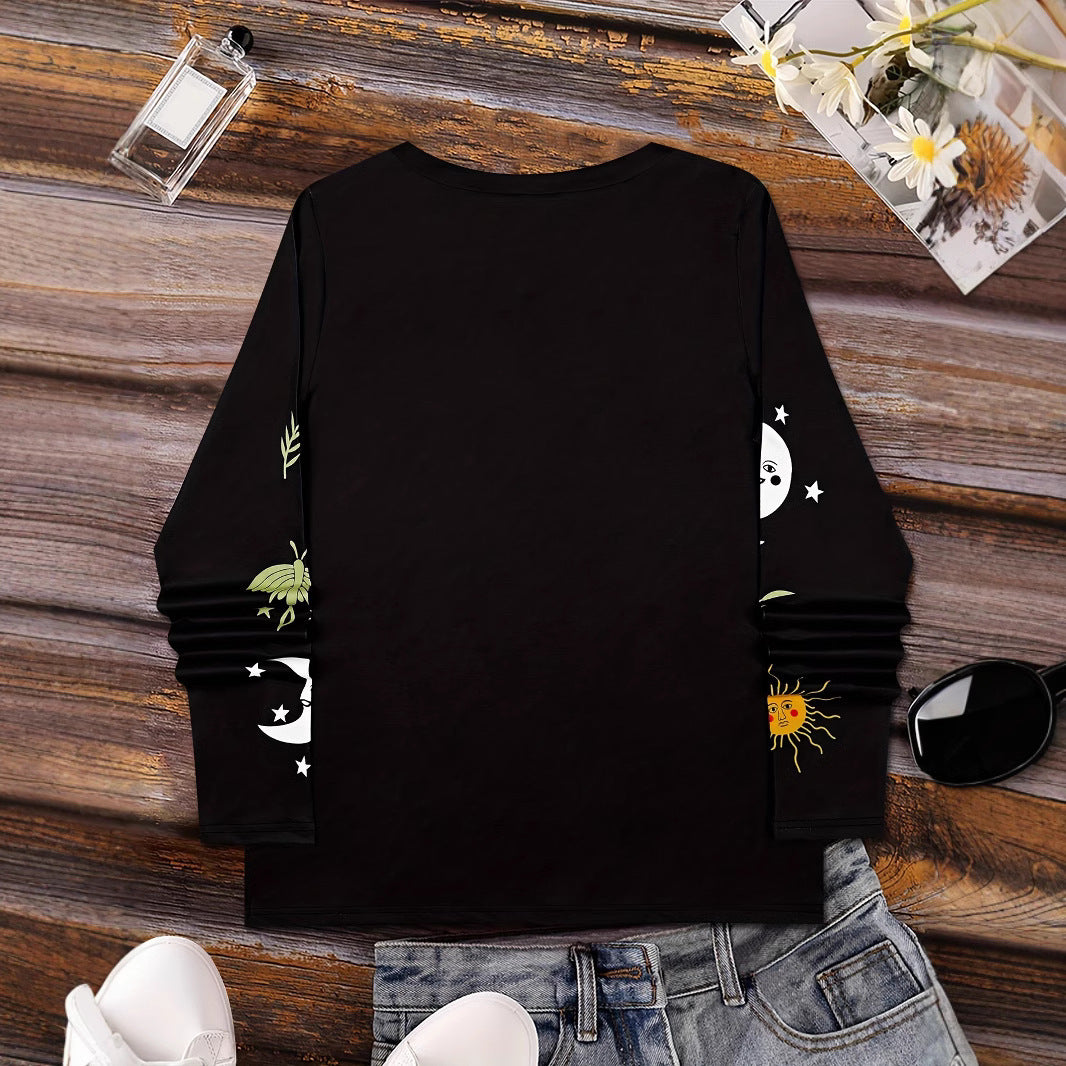 Sun Moon Star Butterfly Graphic Breathable Printed V-neck Long Sleeve T-shirt