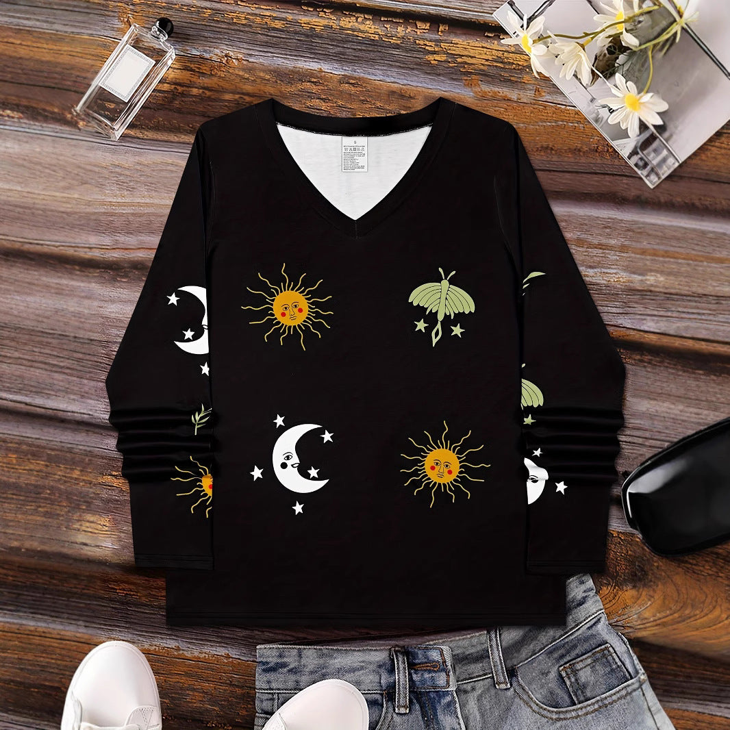 Sun Moon Star Butterfly Graphic Breathable Printed V-neck Long Sleeve T-shirt