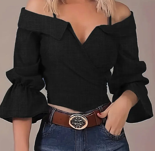 Solid Spaghetti Blouse,Casual Bell Sleeve  Neck Blouse, Women's Clothing