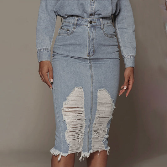 Mid-length Blue Denim Retro Urban Leisure One-Step Solid Skirt